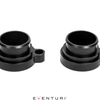 Two black cylindrical, machined metal components with flanges and mounting holes are set against a white background. Text below reads "EVENTURI."
