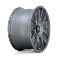 A silver, multi-spoke car wheel with "rotiform" printed on the black center cap, displayed against a gradient background.