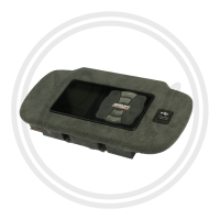Rectangular device with a small screen and illuminated controls labeled "AIRLIFT." The device is housed in a gray, cushioned material, featuring a USB port button, resting on a plain background.