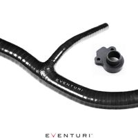 A black Y-shaped automotive hose lies on a white background. A small black plastic fitting is placed nearby. "EVENTURI" is printed on the hose and below.