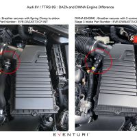 Two engine compartments showing differences in breather connections. Left: DAZA engine with spring clamp breather secured to airbox. Right: DWNA engine with breather secured by two screws. Text: “Audi 8V / TTRS 8S : DAZA and DWNA Engine Difference DAZA ENGINE: Breather secures with Spring Clamp to airbox Stage 3 Intake Part Number : EVE-DAZAST3-CF-INT. DWNA ENGINE: Breather secures with 2 screws to airbox Stage 3 Intake Part Number : EVE-DWNAST3-CF-INT.” "EVENTURI".
