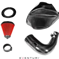 Carbon fiber performance air intake kit components arranged on a white background, including a red cone filter, circular adapter, intake pipe, and airbox. Text: "EVENTURI."