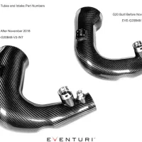 Carbon fiber inlet tubes labeled "BMW G20 B48" are displayed against a white background. Left: for "G20 Built After November 2018, EVE-G20B48-V2-INT". Right: for "G20 Built Before November 2018, EVE-G20B48-V1-INT". Brand "EVENTURI" at the bottom.