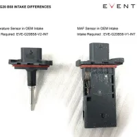 Two sensors on a white background: a temperature sensor (left) and an MAF sensor (right) for BMW G20 B58 intake, labeled with "EVENTURI." Text reads: "BMW G20 B58 INTAKE DIFFERENCES Temperature Sensor in OEM Intake Intake Required: EVE-G20B58-V2-INT MAF Sensor in OEM Intake Intake Required: EVE-G20B58-V1-INT"
