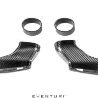 Two black carbon fiber automobile air intake ducts paired with two circular rubber seals, set against a white background. Text: "EVENTURI" at the bottom center.