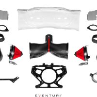 A set of automotive air intake components laid on a white background; includes red cone filters, black carbon fiber parts, and mounting brackets. Text: "EVENTURI" at the bottom.