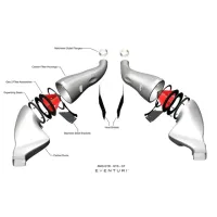 Air intake system components labeled with annotations. Main parts: carbon ducts, stainless steel brackets, expanding seals, filter housings, machined outlet flanges, and heat shields. Text: "AMG GTR - GTS - GT EVENTURI".