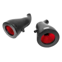 Two black cone-shaped car air intake filters with red interior fins, labeled "EVENTURI" on each, positioned on a white background.
