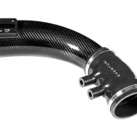 Curved, black carbon fiber car intake pipe labeled "EVENTURI" with two smaller attached ports and a sensor, isolated against a white background.