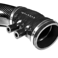 A glossy black carbon fiber pipe labeled "EVENTURI" with two smaller outlet tubes attached, set against a white background.