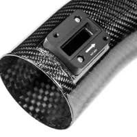 A carbon fiber duct features a rectangular electronic module labeled "INCREASE" with an arrow, indicating adjustable functionality, set within a reflective, detailed weave pattern.