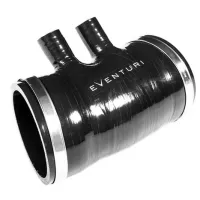 A black cylindrical car part with two smaller protruding tubes, labeled "EVENTURI," sits isolated against a white background. The ends are reinforced with metallic bands.