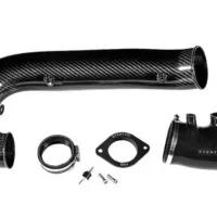 A carbon fiber car intake pipe and associated components, including a silicone hose, clamps, gaskets, and screws, are laid out on a white background. "EVENTURI" text is visible on the pipe.