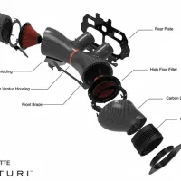 Exploded view of C8 Z06 Corvette air intake system components including heat shielding, carbon Venturi housing, high flow filter, carbon duct, custom flexible coupler, and inlet flange. Text: "C8 Z06 CORVETTE EVENTURI."