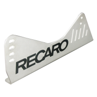 Metal automotive seat bracket engraved with "RECARO" in bold black text. Features drilled holes and slotted cutouts for adjustable mounting, set against a plain white background.