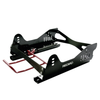 A black RECARO seat mounting bracket with red handle positioned on a white background, featuring adjustable slots and hardware for securing racing or sports car seats.