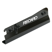 A black metal bracket with "RECARO" text in white, featuring bolt holes and fasteners, intended for mounting in a vehicle or similar setting.