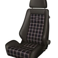 Car seat with black leather sides and plaid fabric center, headrest on top, and "RECARO" logo on backrest, photographed against a plain white background.