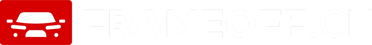 A white car icon on a red rectangle, positioned left of the white text "FRAMEOFF.CH" on a black background.