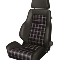 A car seat with dark leather sides and plaid fabric center panel, featuring the brand name "RECARO" in black and white, standing against a plain white background.