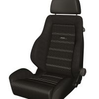 A black car seat with a headrest and white-striped upholstery. The seat bears the "RECARO" logo on the backrest, placed against a white background.