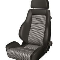 A black car seat with houndstooth-patterned fabric inserts and a headrest; labeled "Recaro" on the backrest, against a white background.