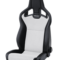 A black and gray Recaro car racing seat positioned against a plain white background.