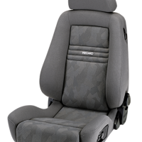A grey, fabric-covered RECARO car seat with adjustable headrest and side supports, set on a white background.