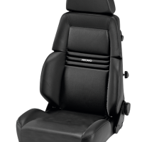 A black automotive seat features "RECARO" text on the backrest, with an adjustable headrest, contoured side supports, and adjustment knobs, set against a white background.