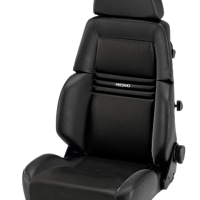 Black car seat, angled slightly to the right, featuring the text "RECARO" on the backrest's center. The seat has adjustable side bolsters and headrest, placed against a plain white background.