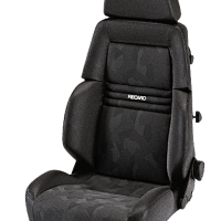 A black contoured car seat with "RECARO" embroidered on the backrest, equipped with an adjustable headrest and side bolsters, isolated against a plain background.