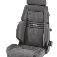 A grey, cushioned car seat with adjustable knobs on the side, featuring the Recaro logo on the backrest, and a subtle geometric pattern on the upholstery.
