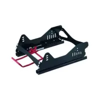 A black metal motorcycle wheel chock with red supports and adjustment slots sits on a white background, designed to secure the front wheel of a motorcycle for transport or storage.