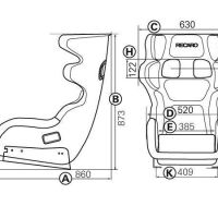 A racing seat diagram displays measurements in millimeters: height 873 (B), width 630 (C), base length 860 (A), and seat depth 409 (K). Labeled "RECARO," features include backrest (G), cushion width (D) 520, and seat width (E) 385.