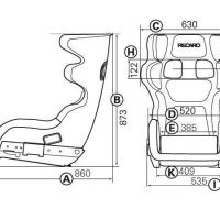 A detailed technical drawing of a racing car seat, labeled with measurements. The drawings show both side and front views of the seat, with the brand name "Recaro" visible on the headrest.