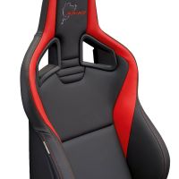 A Recaro-branded, black and red racing seat with Nürburgring logo embroidery, featuring side bolsters and shoulder harness slots, situated in an isolated, white background.