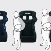 Three racing seats labeled "Recaro" are each accompanied by an outline of a figure holding a helmet; seats are in black with blue, black, and red accents, respectively.