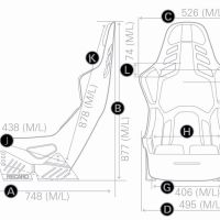 Reclining car seat drawing displays measurements labeled A to M: A: 748 (M/L), B: 877 (M/L), C: 526 (M/L), D: 495 (M/L), G: 406 (M/L), H: 302 (M/L) I: 544 (M/L) J: 438 (M/L), K: 878 (M/L), L: 74 (M/L), M: 611 (M/L). "RECARO" is inscribed on the base.