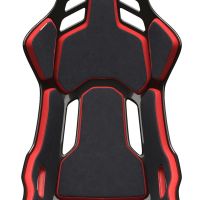 A high-performance racing seat featuring black padding with red trim accents, multiple ventilation cut-outs, and a "RECARO" logo on the upper backrest.