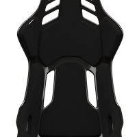 Black racing seat with vent cutouts, cushioned areas, and "RECARO" printed on the upper backrest, placed against a plain white background.