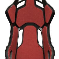 A red and black race car seat with the brand "RECARO" displayed at the top, featuring multiple cutouts for ventilation and harnesses, situated in a plain white background.
