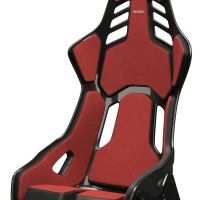 A red-and-black racing seat with ventilation slits, labeled “RECARO” at the base, sits isolated against a white background.