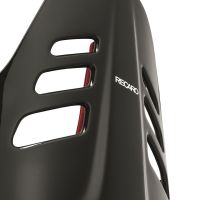 A black racing seat with three horizontal cutouts and "RECARO" printed in white on the backrest, against a plain white background.