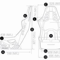 Blueprint of a racing seat with dimensions labeled. Side view shows 748mm base length, 438mm seat length, and 877mm height. Front view indicates 526mm width, 544mm height to shoulder. Recaro branding visible.