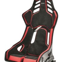A black and red racing seat with padding and cut-out slots for harness belts. It's designed for optimal support in high-performance driving, featuring "RECARO" branding on the backrest.