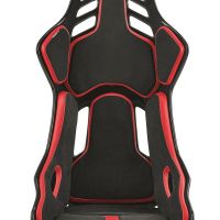A black and red racing-style seat with cutouts, labeled "RECARO," designed for maximum support, situated on a white background.