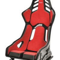 A red and black racing seat with the brand name "Recaro" is displayed upright against a plain white background.