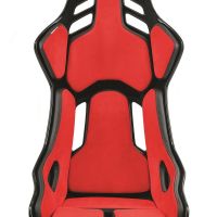 A red and black racing seat with padding and harness slots, featuring "RECARO" text, stands alone against a white background.