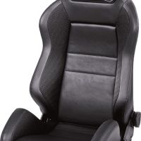 A black leather racing seat with RECARO branding on the headrest, featuring side bolsters and a central cutout, designed for car interiors.