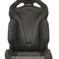 A black, sleek racing car seat labeled "RECARO" with pronounced bolstering and cutout sections, positioned against a plain white background.
